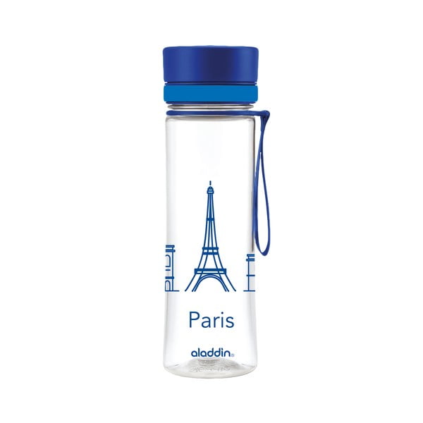 Butelka na wodę z niebieskim wieczkiem i nadrukiem Aladdin Aveo Limited Paris, 600 ml