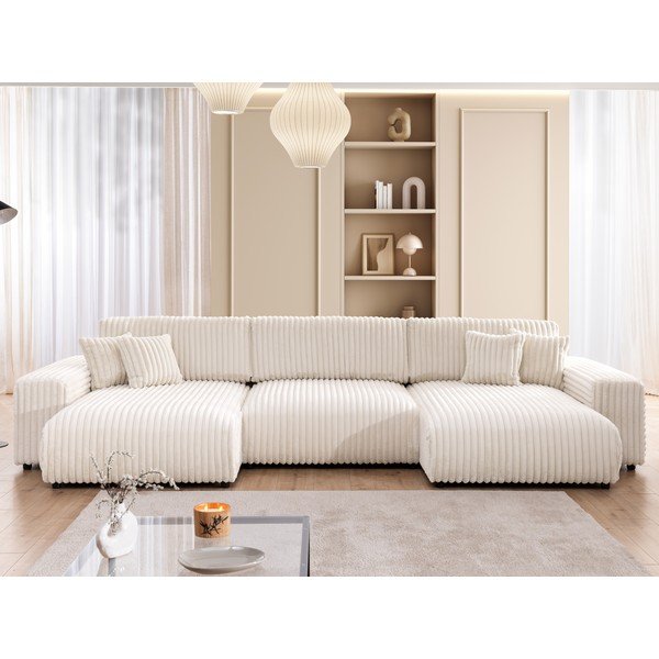 Kremowy sztruksowy rozkładany narożnik ze schowkiem (w kształcie litery U) Sarina – Ropez-image-1