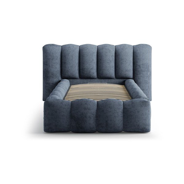 Ciemnoniebieskie tapicerowane łóżko jednoosobowe ze schowkiem i stelażem 90x200 cm Lupine – Micadoni -image-3