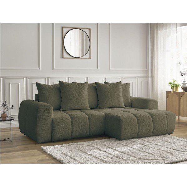 Rozkładany narożnik z materiału bouclé ze schowkiem (prawostronny/z szezlongiem) w kolorze khaki Roxelane – Bobochic Paris-image-3