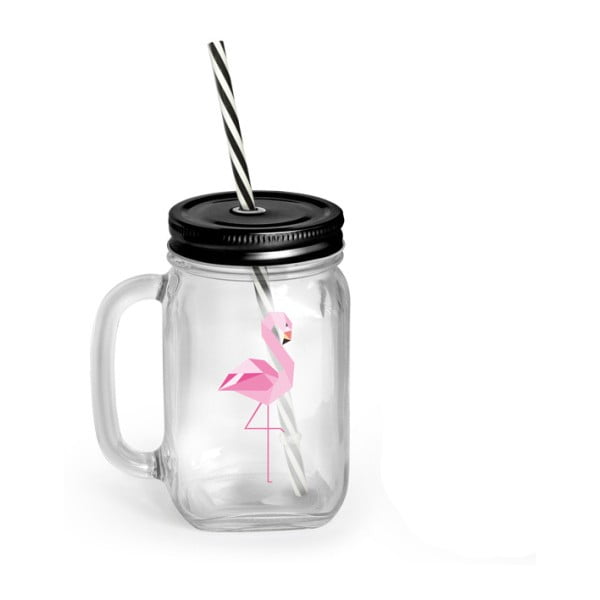 Szklanka/słoik
  z pokrywką i słomką Vialli Design Mia Natura Flamingo, 450 ml