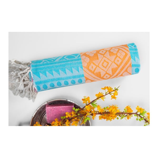 Ręcznik Hammam Aztec, niebieski/różowy/pomarańczowy