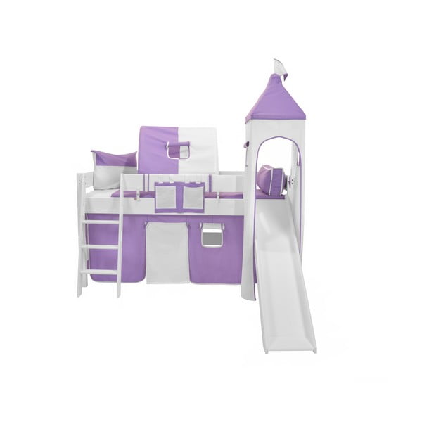 Białe dziecięce łóżko piętrowe ze zjeżdżalnią i fioletowo-białym zamkiem z bawełny Mobi furniture Luk, 200x90 cm
