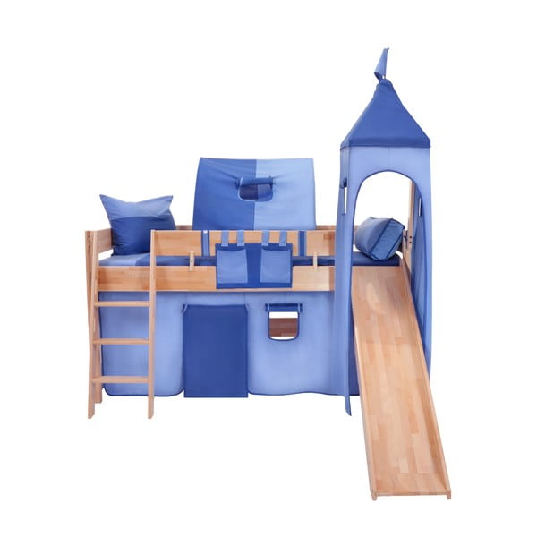 Dziecięce łóżko piętrowe ze zjeżdżalnią i niebieskim zamkiem z bawełny Mobi furniture Luk, 200x90 cm