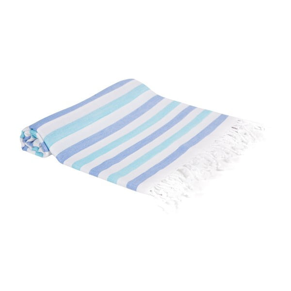 Niebieski ręcznik kąpielowy tkany ręcznie Ivy's Dilara, 100x180 cm