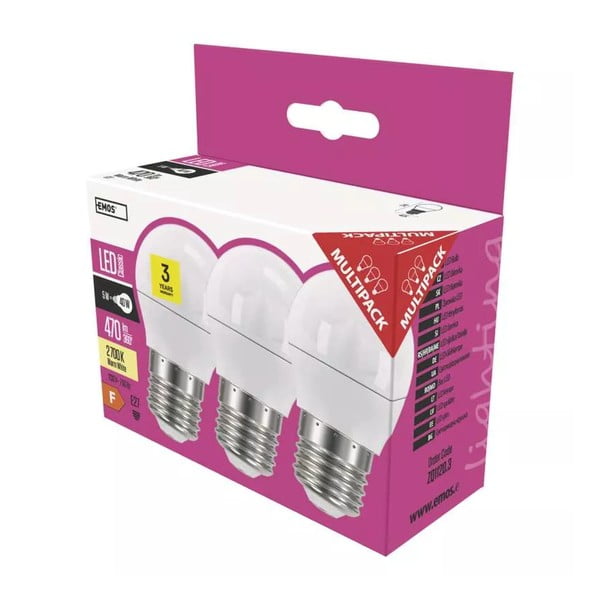 Żarówki LED z ciepłym światłem z gwintem E27 zestaw 3 szt., 5 W – EMOS-image-1