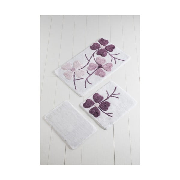 Zestaw 3 fioletowo-białych dywaników łazienkowych Flowers