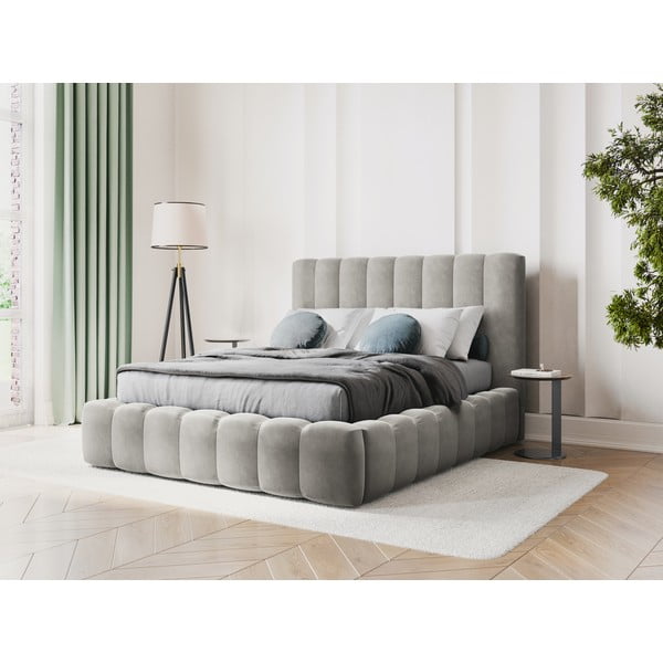 Jasnoszare tapicerowane łóżko dwuosobowe ze schowkiem i stelażem 160x200 cm Kelp – Micadoni Home-image-1