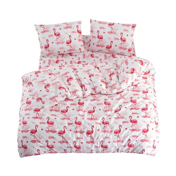 Biało-różowa pościel jednoosobowa z prześcieradłem/3-częściowa 160x220 cm Flamingo – Mila Home