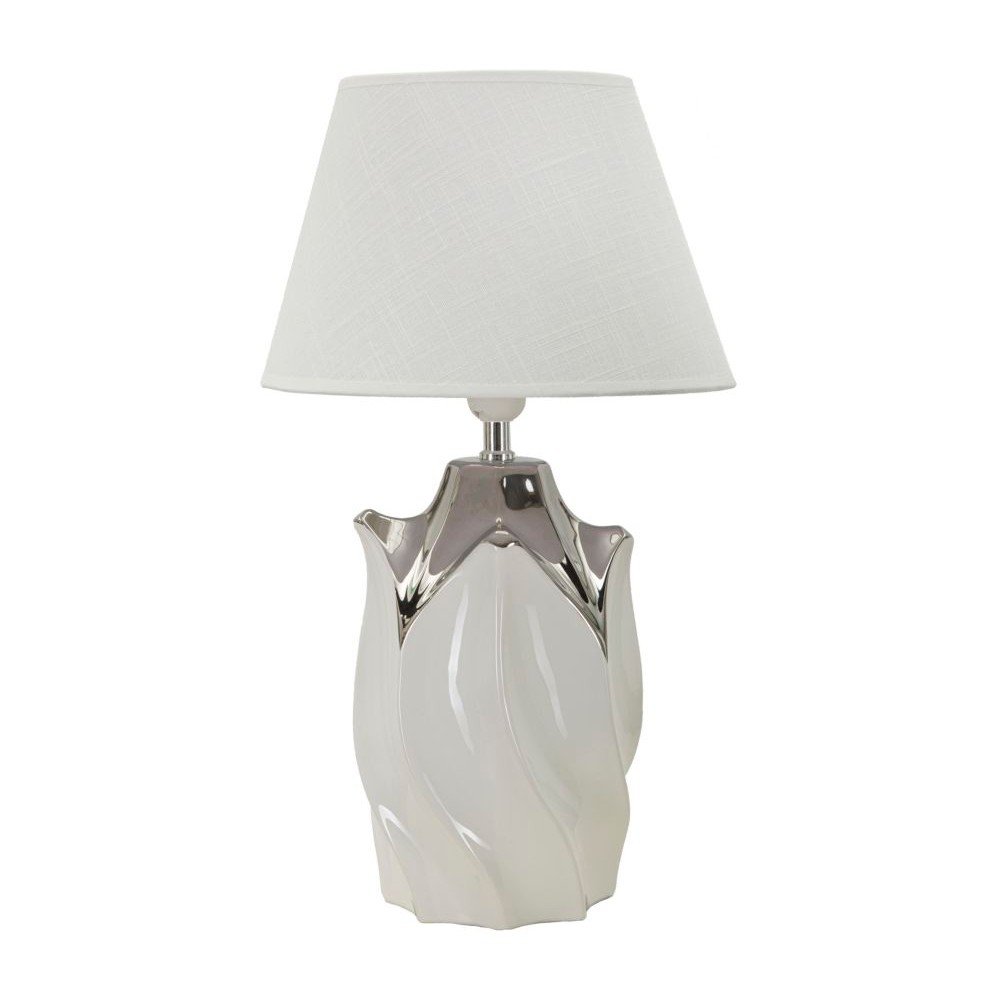 Biała/w kolorze srebra lampa stołowa ceramiczna z tekstylnym kloszem (wysokość 51 cm) Shiney – Mauro Ferretti