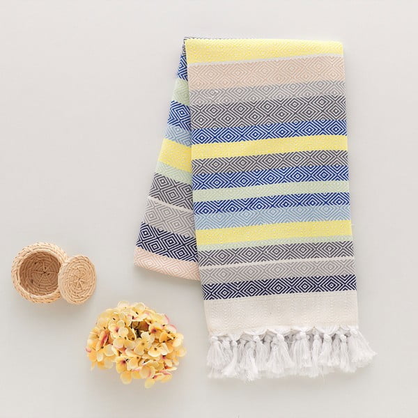 Ręcznik hammam Renkli Blue/Yellow Stripes, 100x180 cm