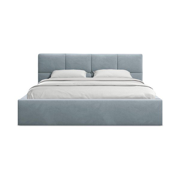 Jasnoniebieskie aksamitne tapicerowane łóżko dwuosobowe ze schowkiem ze stelażem 140x200 cm Hiko – Makamii-image-3