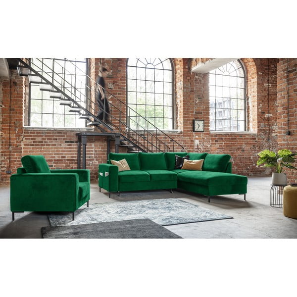 Ciemnozielony aksamitny rozkładany narożnik (prawostronny) Lofty Lilly – Miuform-image-1