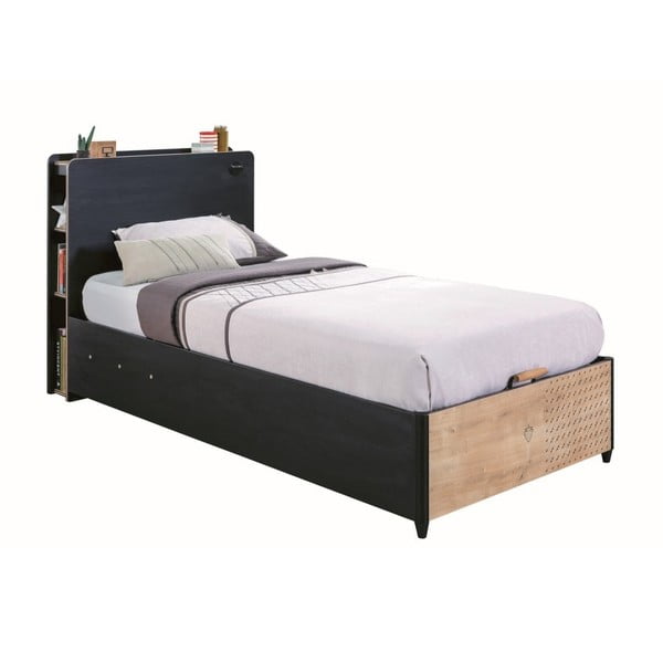 Czarne łóżko jednoosobowe ze schowkiem Black Bed With Base, 100x200 cm