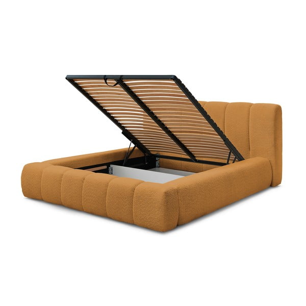 Musztardowe tapicerowane łóżko dwuosobowe ze schowkiem i stelażem 160x200 cm Denali – Bobochic Paris-image-4