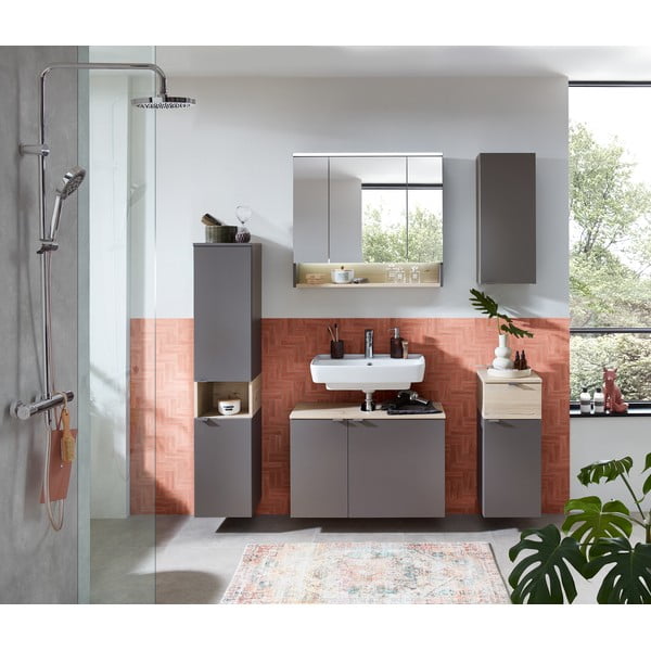 Szaro-naturalna niska wisząca szafka łazienkowa w dekorze sosny 72x30 cm Quickset 394 – Pelipal-image-4