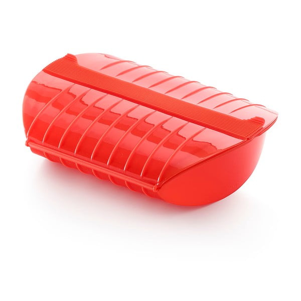 Czerwone silikonowe naczynie z podkładką do gotowania na parze na 3- 4 porcje Lékué Steam Case