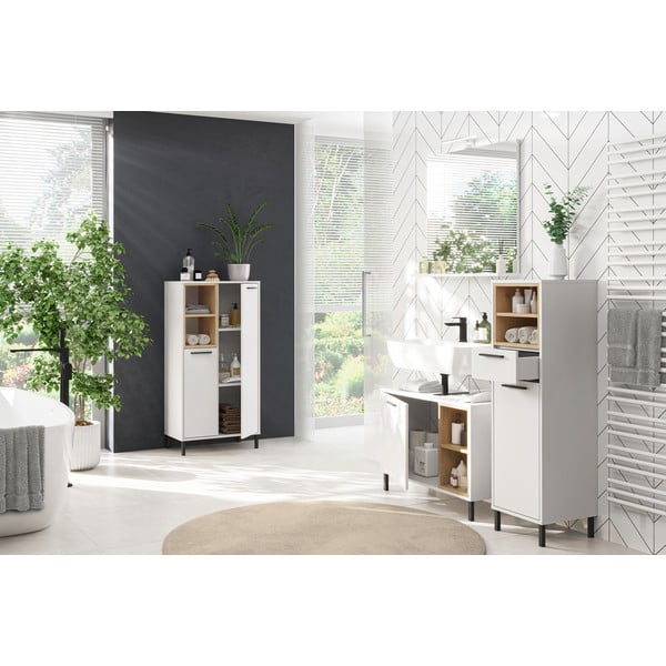 Biała wysoka szafka łazienkowa w dekorze dębu 34x118 cm Loria – Germania-image-4