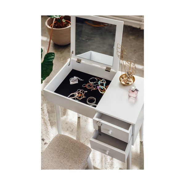 Biała toaletka z lustrem, schowkiem na biżuterię i 2 szufladami Bonami Essentials Beauty-image-2