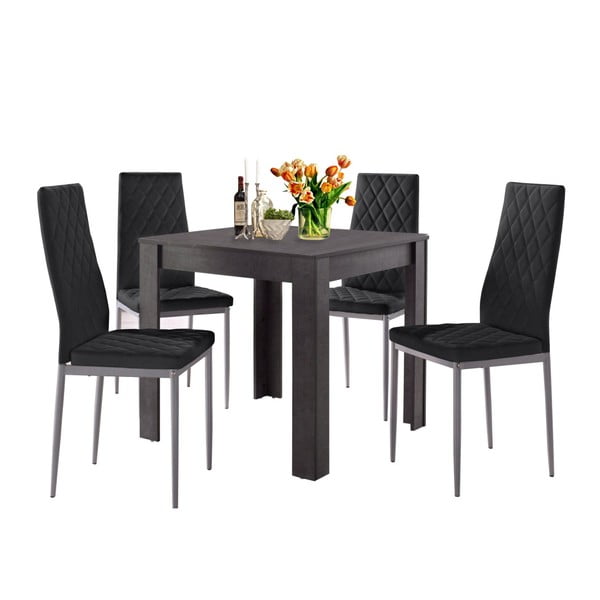 Komplet stołu do jadalni w dekorze betonu i 4 czarnych krzeseł do jadalni Støraa Lori and Barak, 80x80 cm