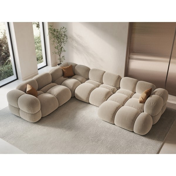 Beżowy aksamitny narożnik (lewostronny/w kształcie litery U) Loretto – Cosmopolitan Design-image-1