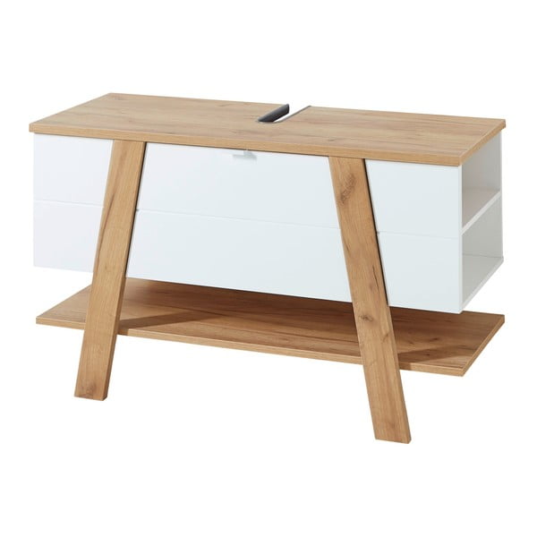 Biała szafka pod umywalkę w dekorze dębu 111x67 cm Novolino – Germania-image-2