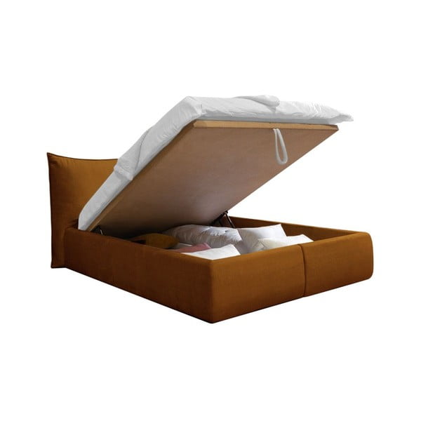 Tapicerowane łóżko dwuosobowe w kolorze ochry ze schowkiem i stelażem 180x200 cm Jade – Bobochic Paris-image-3