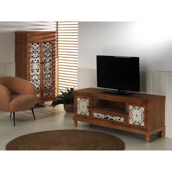 Biało-naturalna szafka pod TV z litego drewna świerkowego 140x58 cm Agrabah – Burkina-image-1