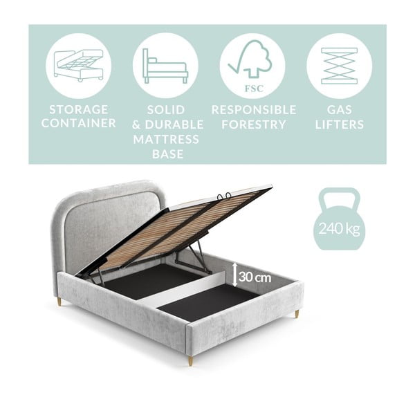 Jasnoszare tapicerowane łóżko dwuosobowe ze schowkiem i stelażem 140x200 cm Mija – Maison de Rêve-image-3