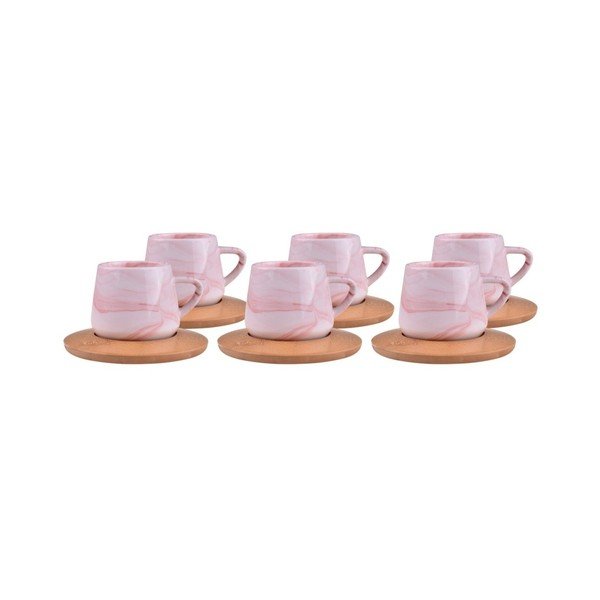 Zestaw 6 jasnoróżowych porcelanowych kubków i podkładek bambusowych Bambum Ebru