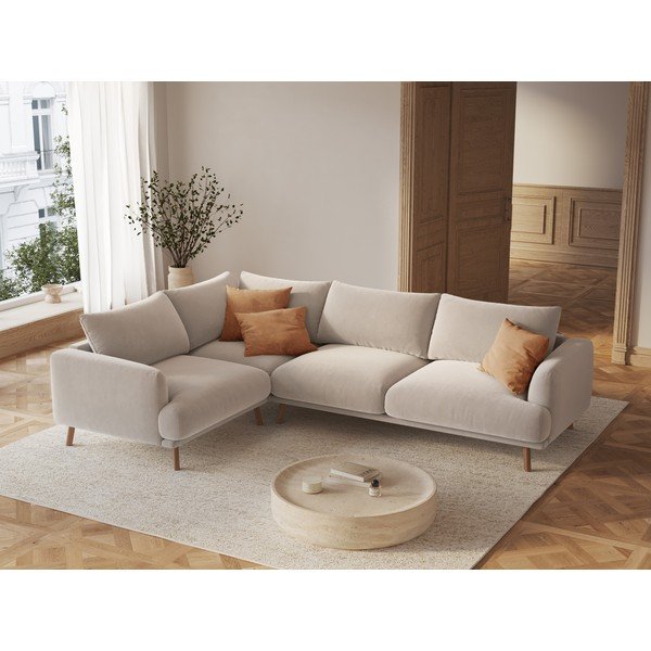 Beżowy aksamitny narożnik (lewostronny/w kształcie litery L) Naomi – Micadoni -image-1