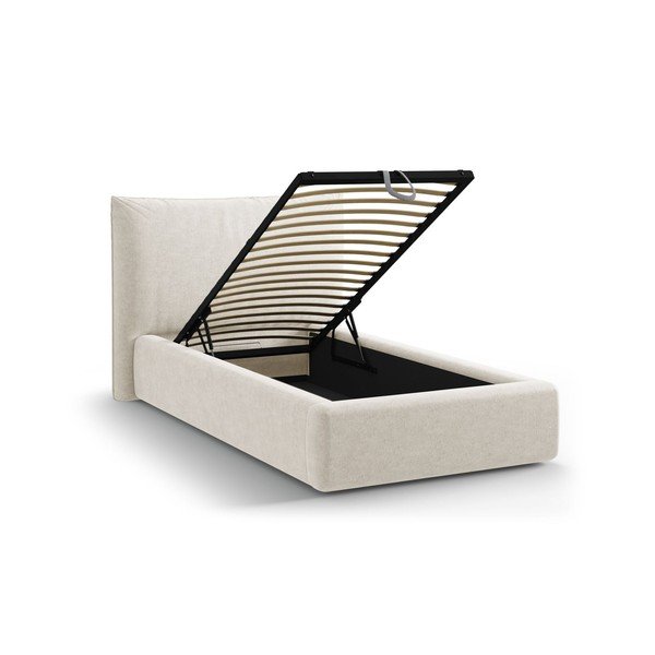Kremowe tapicerowane łóżko jednoosobowe ze schowkiem i stelażem 90x200 cm Kaelle – Micadoni -image-1