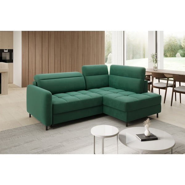 Zielony aksamitny rozkładany/ze schowkiem narożnik (prawostronny/w kształcie litery L) Barea – ELTAP-image-3