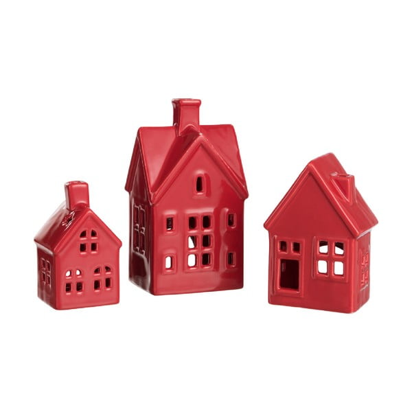 Zestaw 3 czerwonych domków/świeczników porcelanowych na tealight J-Line