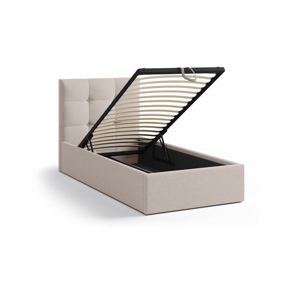 Jasnobrązowe tapicerowane łóżko jednoosobowe ze schowkiem i stelażem 90x200 cm Phaedra – Micadoni -image-1