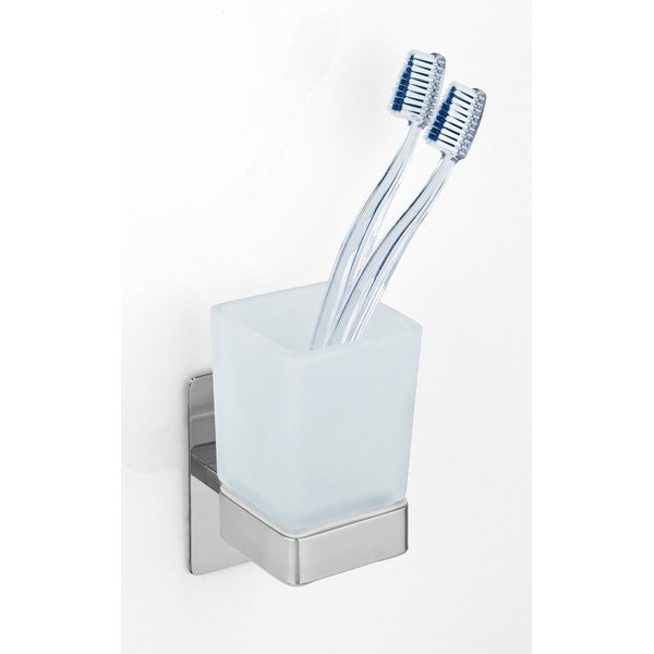 Samoprzylepny szklany kubek na szczoteczki do zębów w kolorze srebra z połyskiem Genova – Wenko-image-1