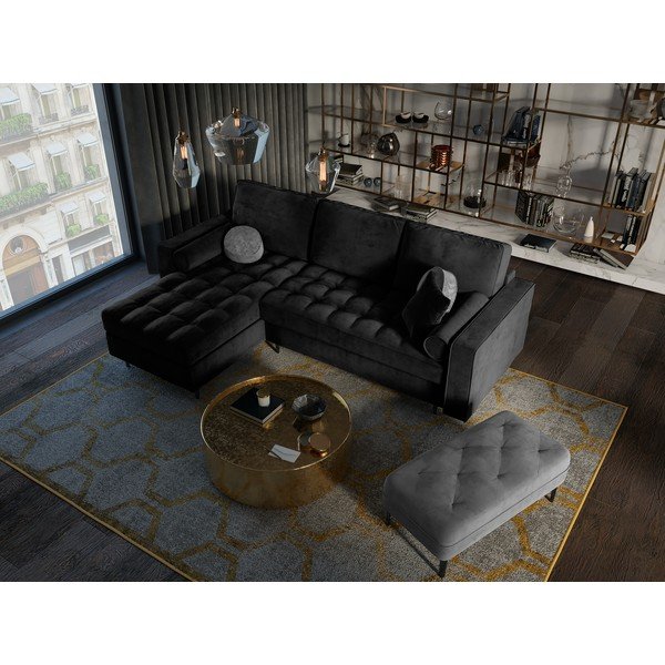 Czarny aksamitny rozkładany narożnik Milo Casa Santo, lewostronny-image-1