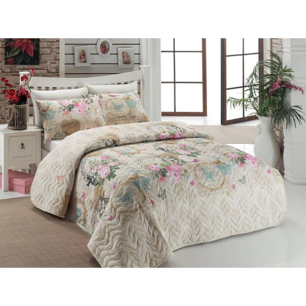 Zestaw kremowej pikowanej narzuty na łóżko dwuosobowe i 2 poszewek na poduszki 200x220 cm Angel – Mijolnir