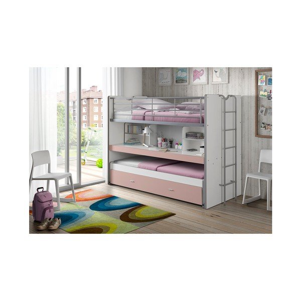 Biało-różowe piętrowe łóżko dziecięce z wysuwanym łóżkiem, schowkiem i stelażem 90x200 cm Bonny – Vipack-image-1