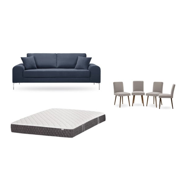 Zestaw 3-osobowej ciemnoniebieskiej sofy, 4 szarobrązowych krzeseł i materaca 160x200 cm Home Essentials