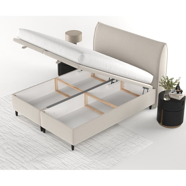 Beżowe tapicerowane łóżko dwuosobowe ze schowkiem 160x200 cm Pearl – Maison de Rêve-image-3