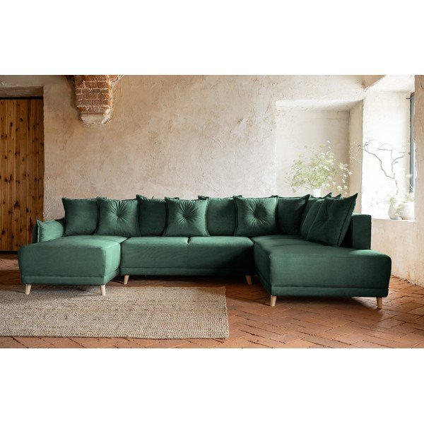 Zielony sztruksowy rozkładany narożnik (prawostronny/w kształcie litery U) Lazy Lukka – Miuform-image-1