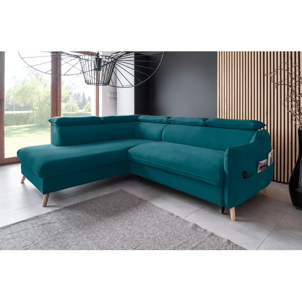 Turkusowy aksamitny rozkładany narożnik (lewostronny) Sweet Harmony – Miuform-image-3