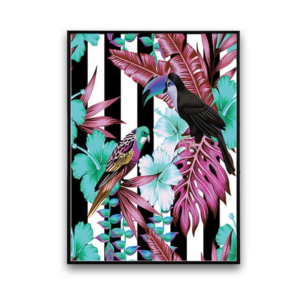 Plakat z papużkami, czarno-białe tło, 30 x 40 cm