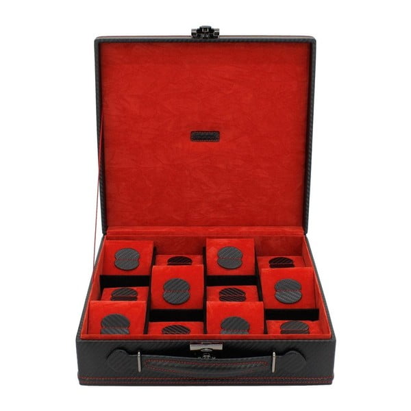 Czarno-czerwony kuferek na 12 zegarków Friedrich Lederwaren Carbon