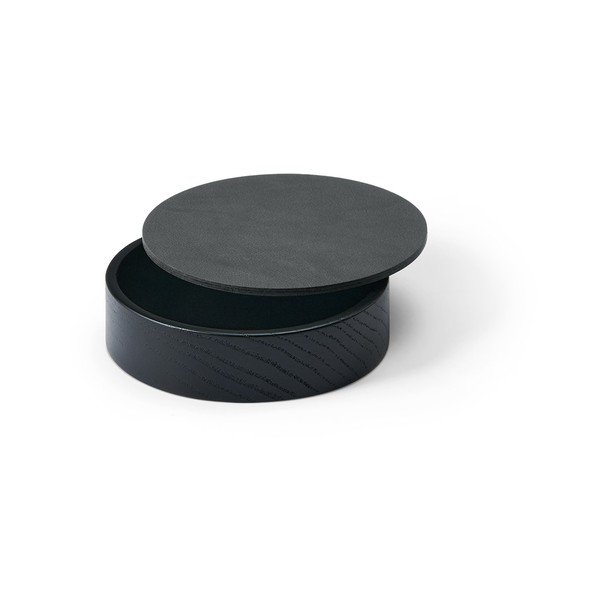 Czarno-antracytowy drewniany/ze skóry ekologicznej pojemnik dekoracyjny z pokrywką ø 11x3,5 cm Circle Nupo – LIND DNA-image-1