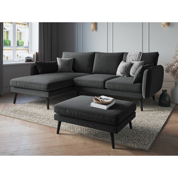 Ciemnoszary aksamitny podnóżek z czarnymi nogami Kooko Home Lento-image-1