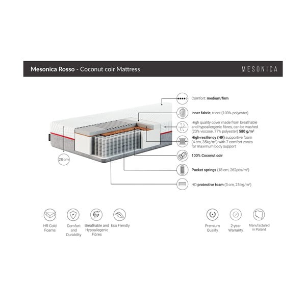 Twardy sprężynowy materac 140x200 cm Rosso – MESONICA-image-3