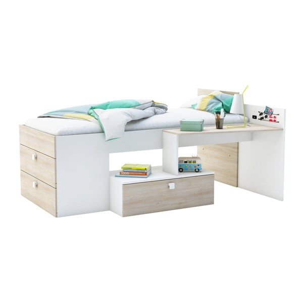 Białe łóżko jednoosobowe ze schowkiem w kolorze drewna 13Casa Fox, 90x190 cm