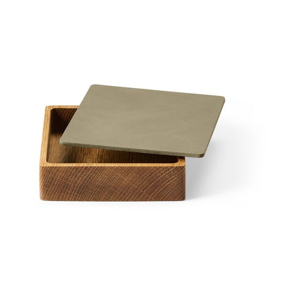 Zielono-naturalny drewniany/ze skóry ekologicznej pojemnik dekoracyjny z pokrywką 11x11x3,5 cm Square Nupo – LIND DNA-image-1